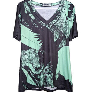 Misslook Short Sleeve Top Women’s Size 2XL Green and Black Design V Neck